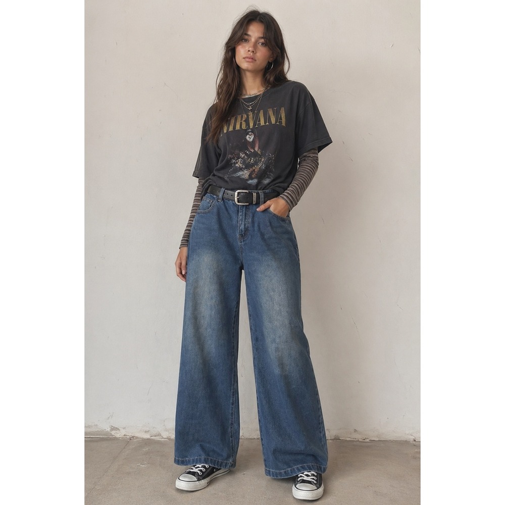 Wide‎ Leg Jeans Women Sz L High Rise Baggy 90s Grunge Y2K Denim Streetwear